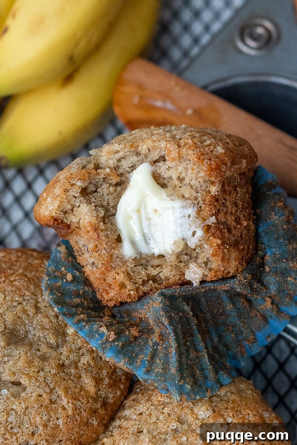 Perfectly Tender Gluten-Free Banana Muffins 6 A deliciously baked gluten-free banana muffin with a bite taken out of it, revealing its moist interior, topped with melted butter.