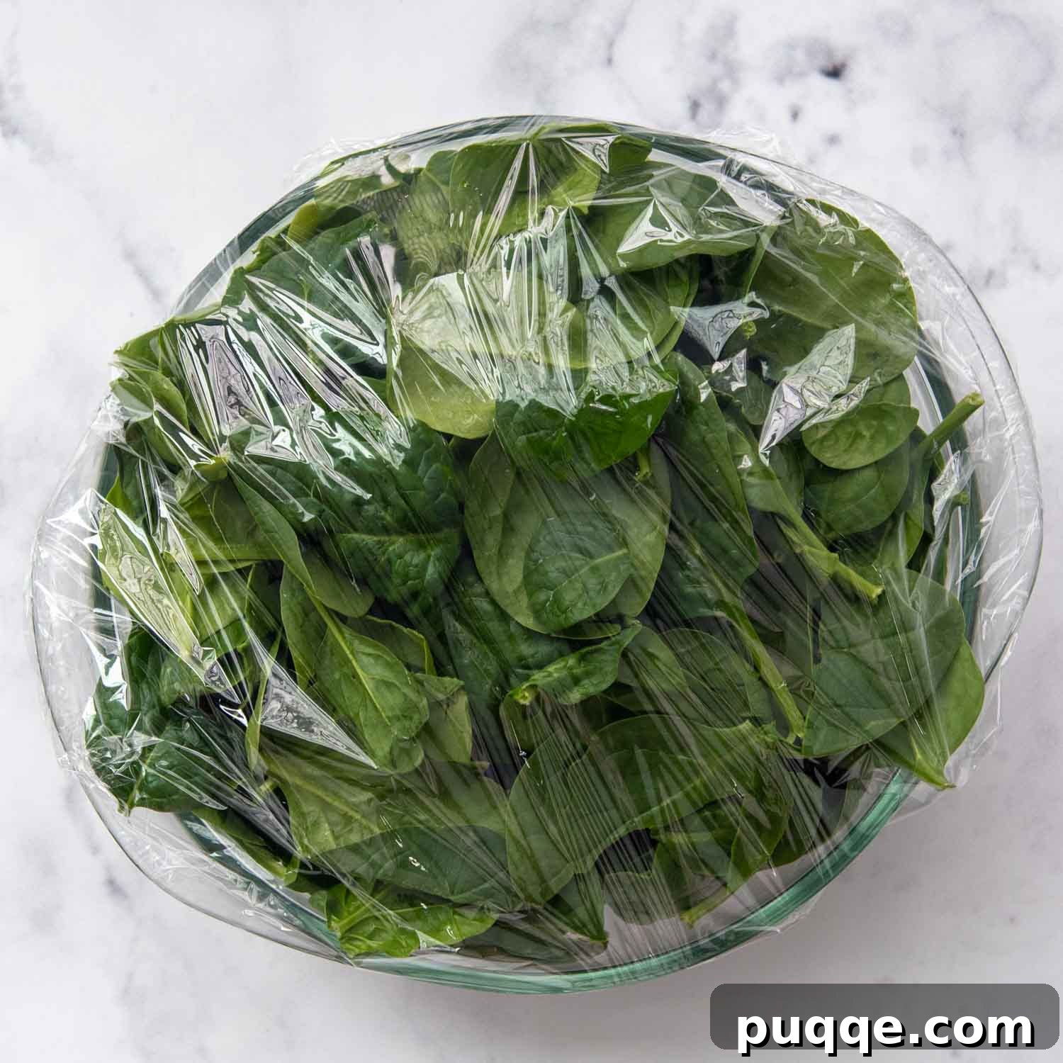 Velvety Fresh Spinach Artichoke Dip 3 Fresh spinach being cooked and wilted in a large glass container, preparing it for the creamy dip.