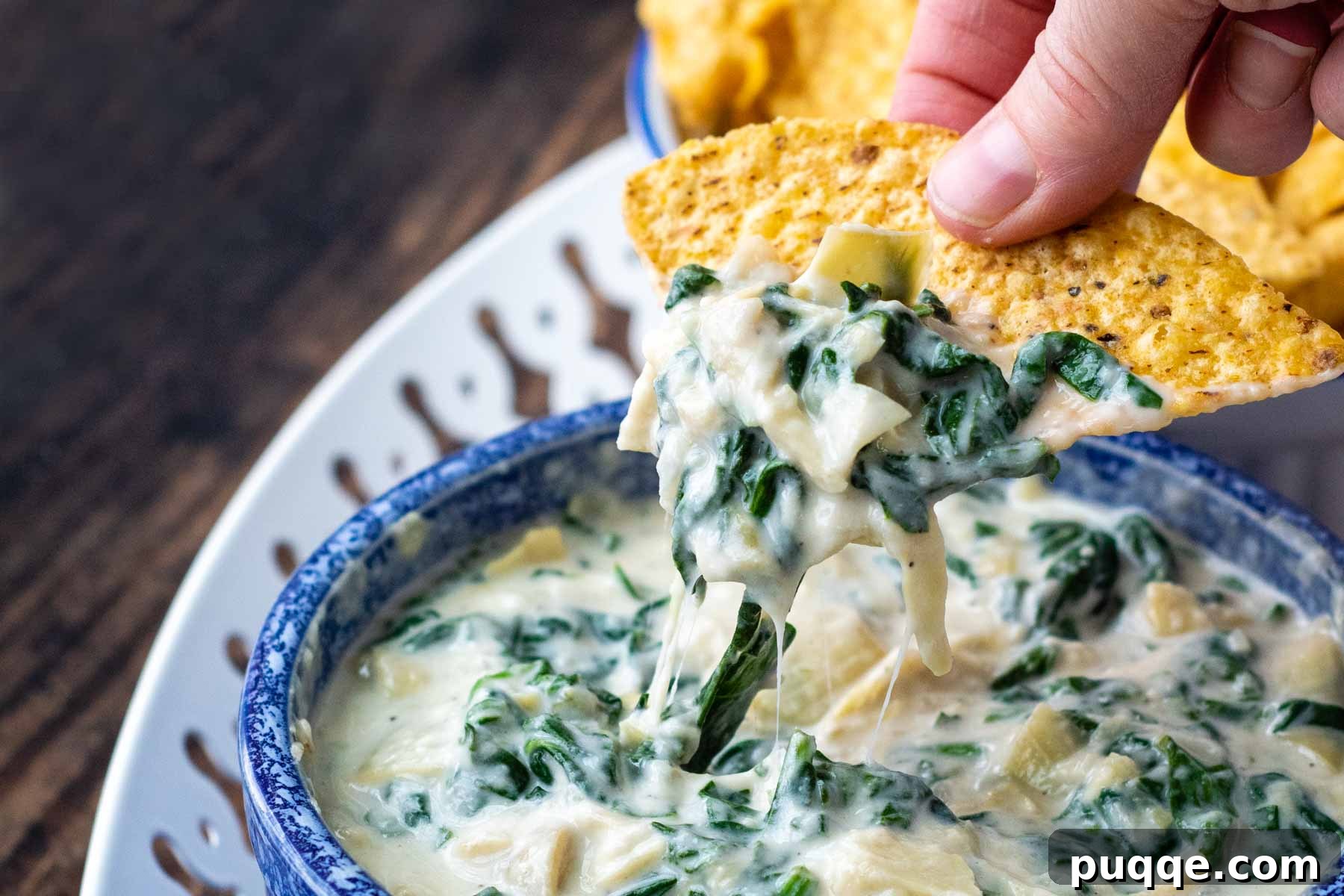 Velvety Fresh Spinach Artichoke Dip 9 A tortilla chip gracefully dipping into the creamy spinach artichoke dip, showing its perfect consistency.