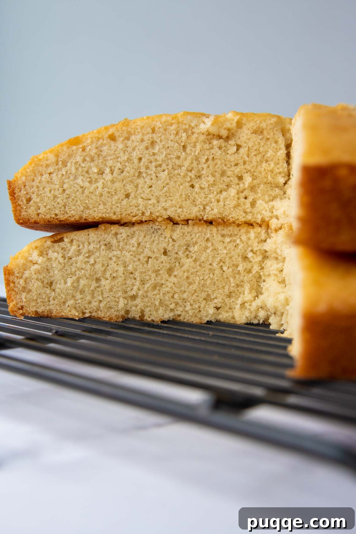 Two perfectly baked vanilla gluten-free cake layers, ready for frosting and stacking.