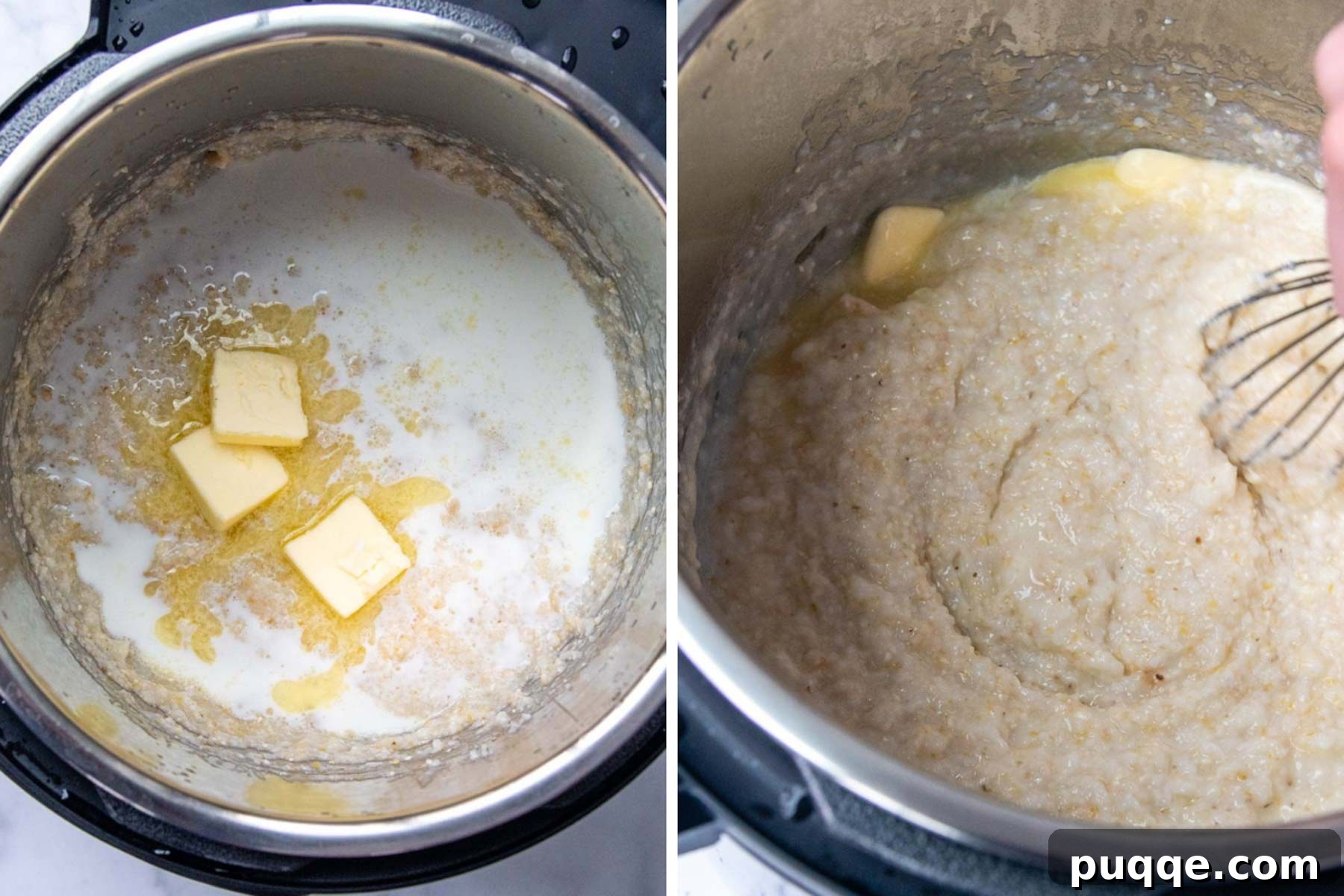 Step-by-step images showing the process of making grits in an Instant Pot, from ingredients to finished product.