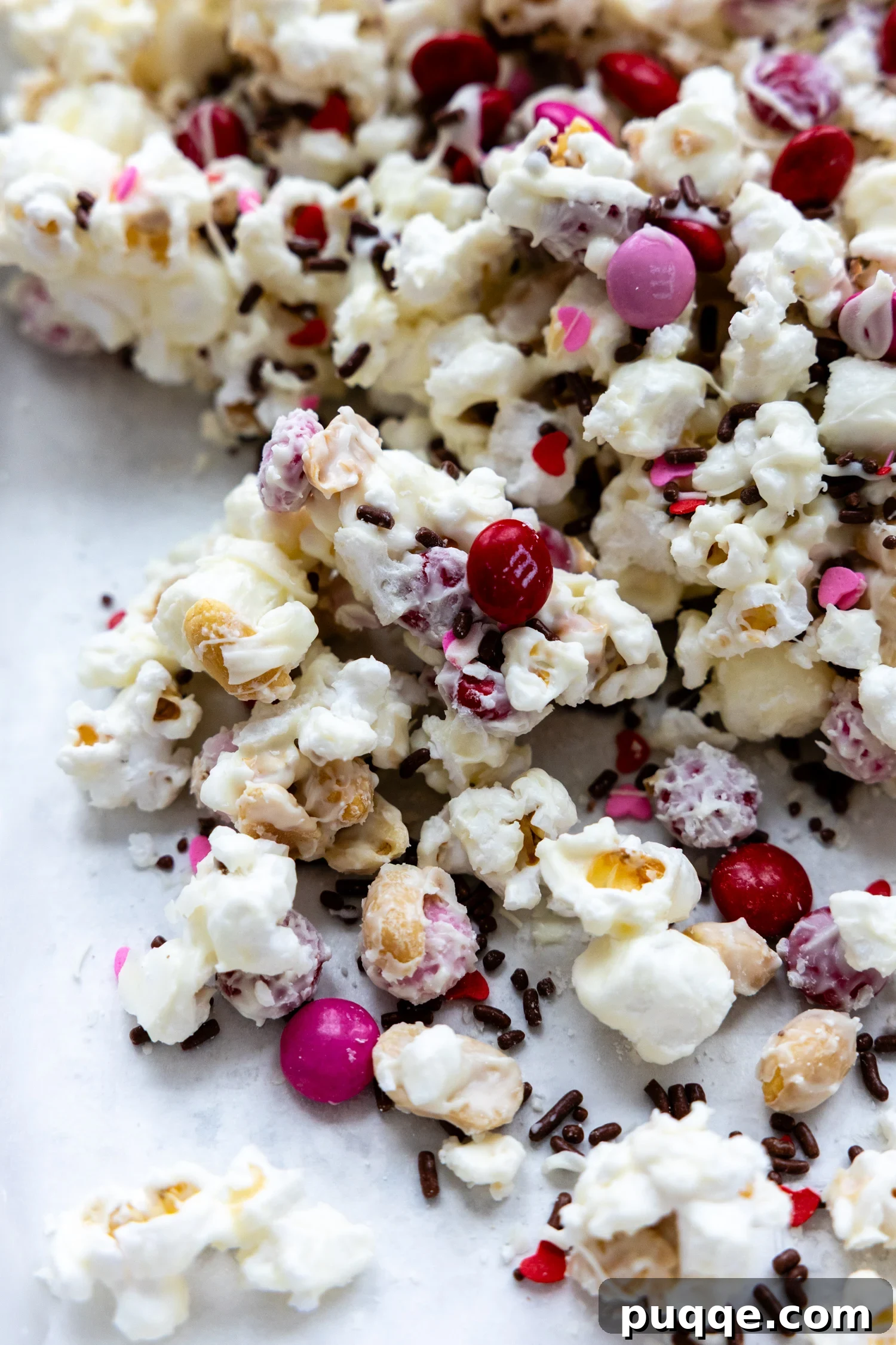 A vibrant, Valentine's themed white chocolate popcorn mix with colorful M&Ms, pretzels, and sprinkles, beautifully arranged on a white surface.