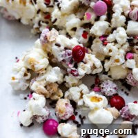 A Valentine's themed white chocolate popcorn mix with M&Ms on a white surface.