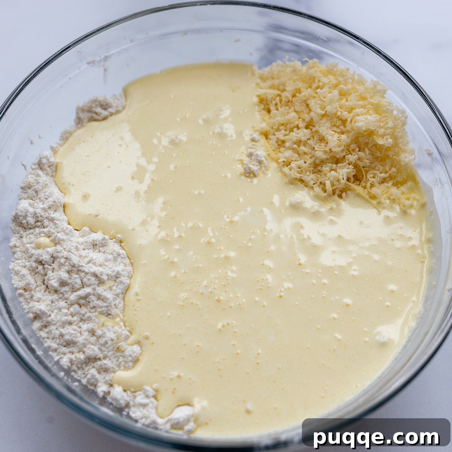 Cozy Gluten-Free Chicken and Biscuits 3 Biscuit ingredients in a glass bowl, ready to be mixed.