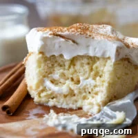 An slice of tres leches cake on a wooden plate with a bite removed showing the texture of the inside of the cake.