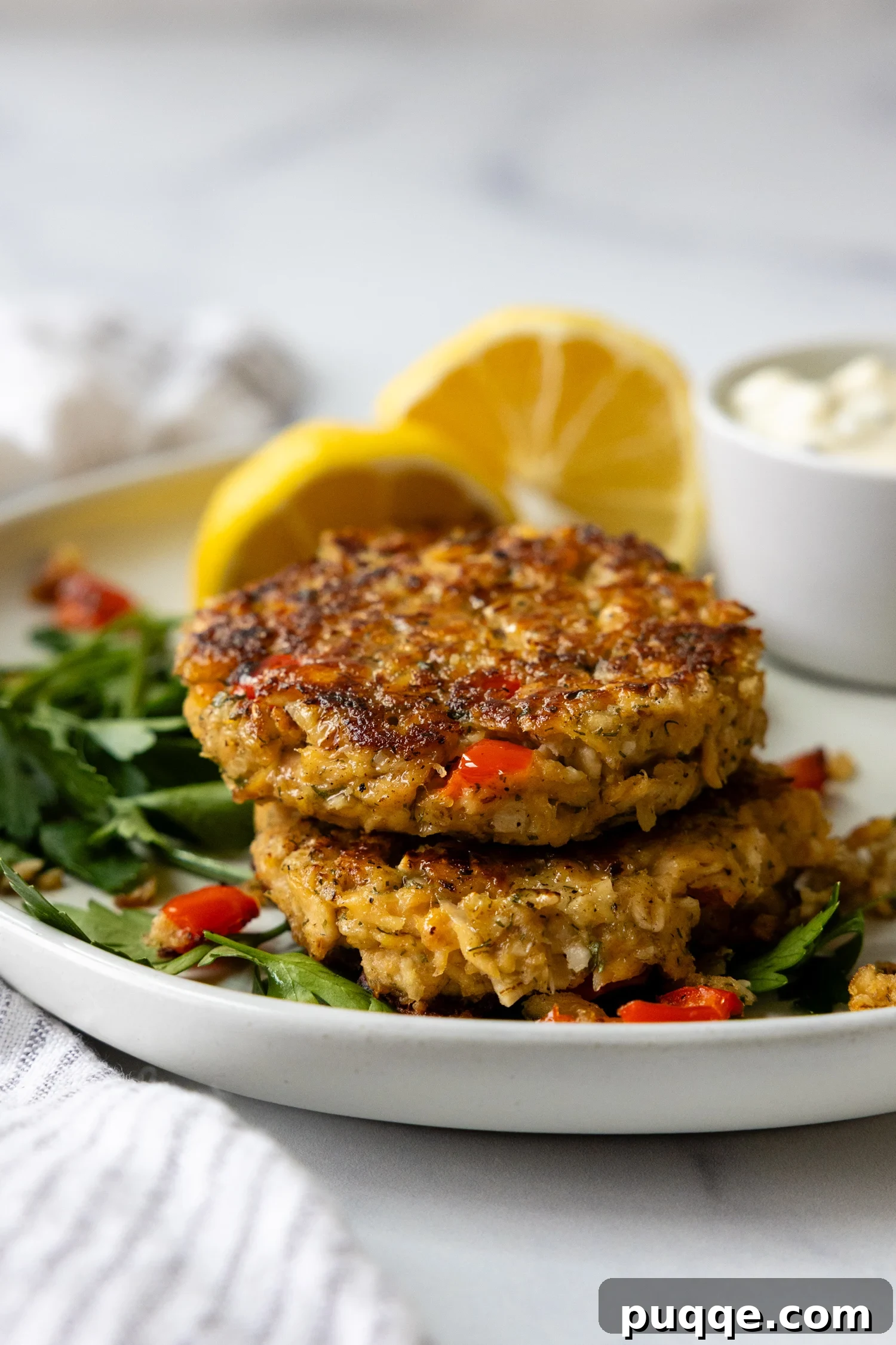Golden Brown Flourless Salmon Patties 2 Gluten free salmon patties stacked on top of one another on a white plate.