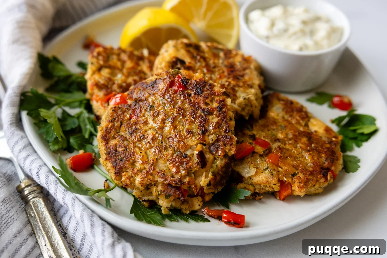 Golden Brown Flourless Salmon Patties 6 Overhead shot of salmon patties on a white plate with lemon garnish and a bowl of dipping sauce.