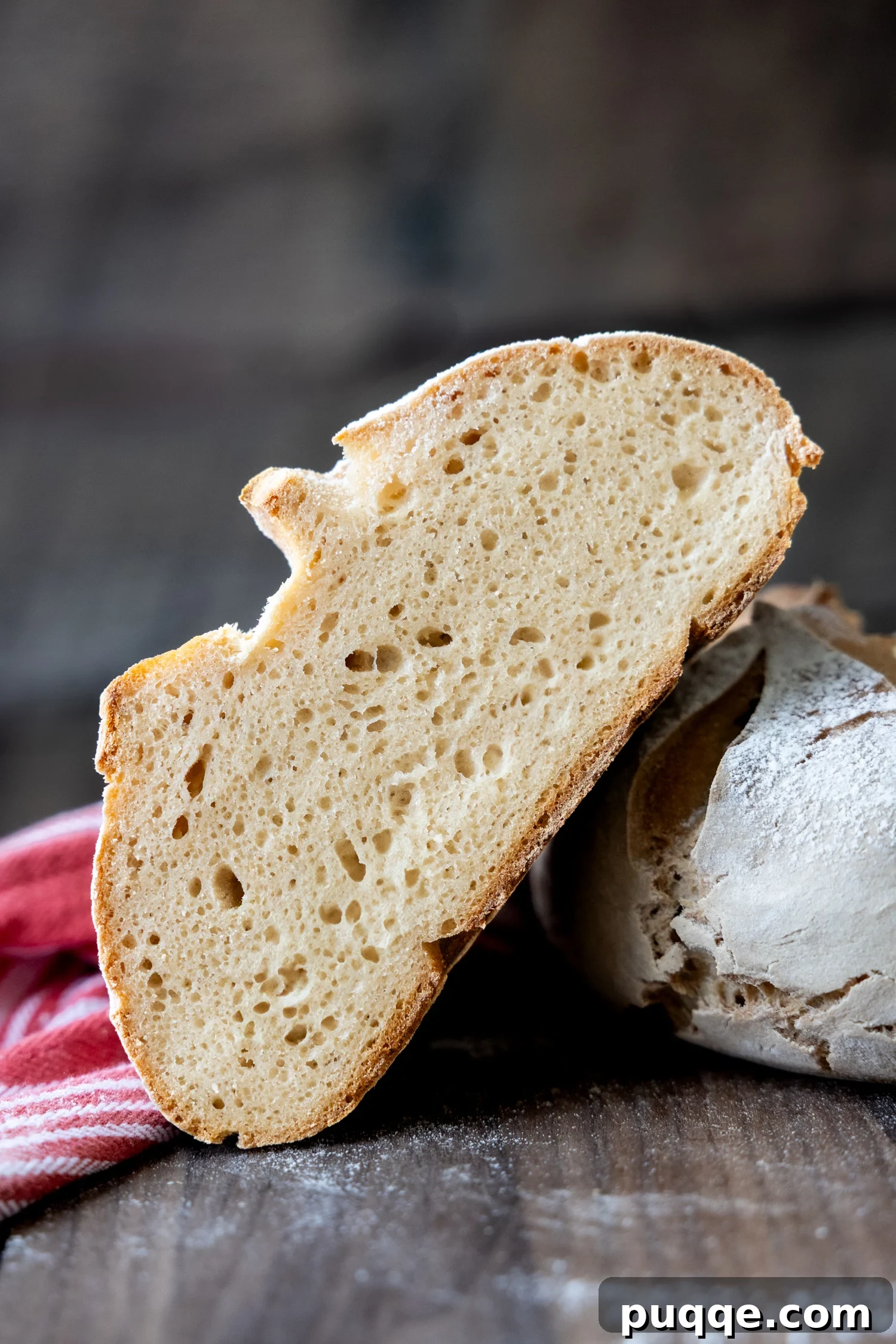 A beautifully sliced gluten-free sourdough loaf, showcasing its airy, open crumb texture.