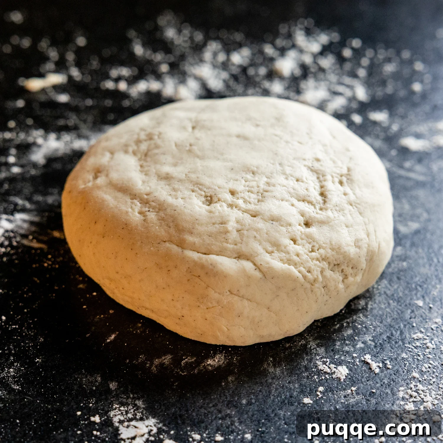 The gluten-free sourdough dough perfectly shaped into a smooth, round ball on a floured surface.