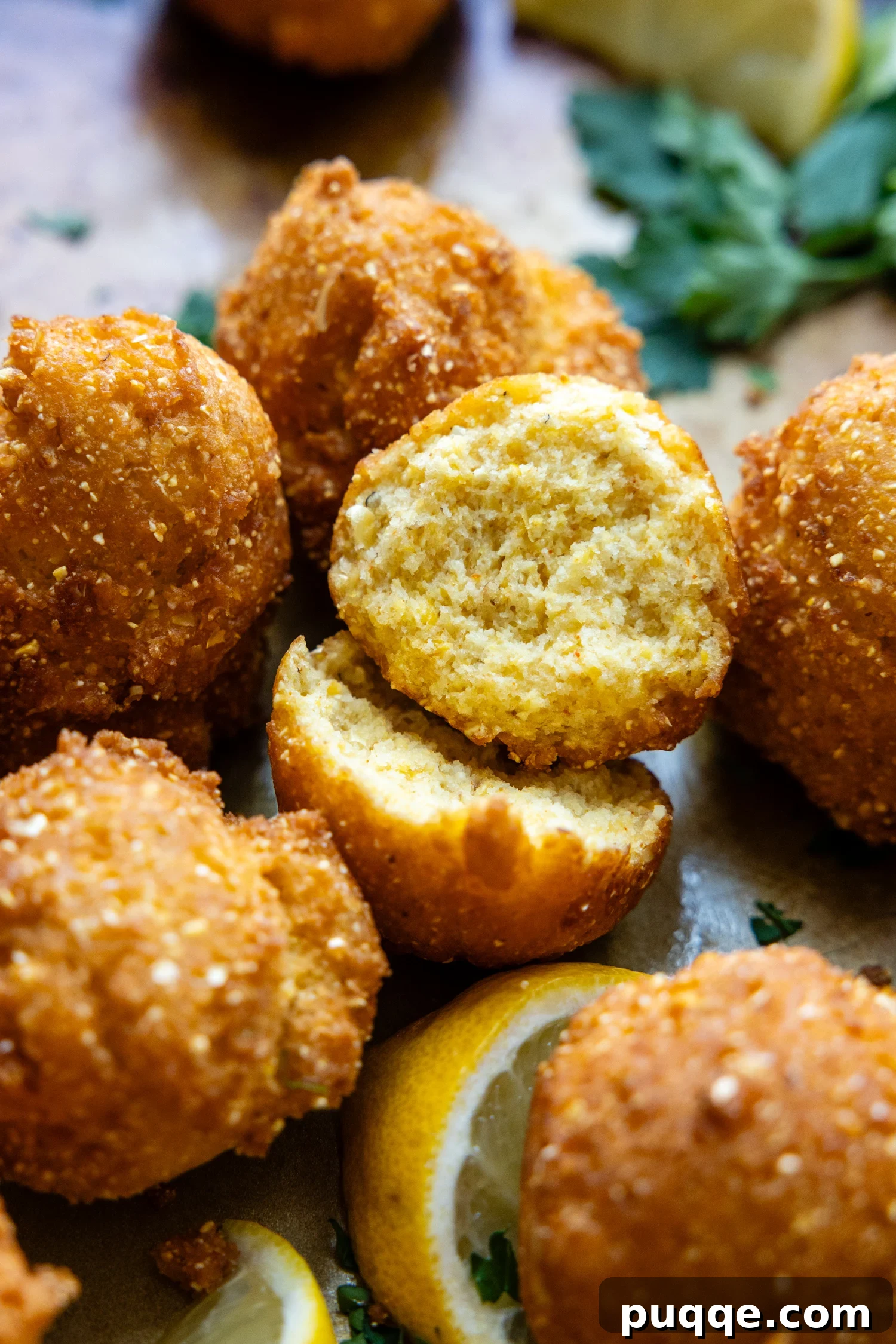 Cooked hush puppies with one cut in half showing inside texture.