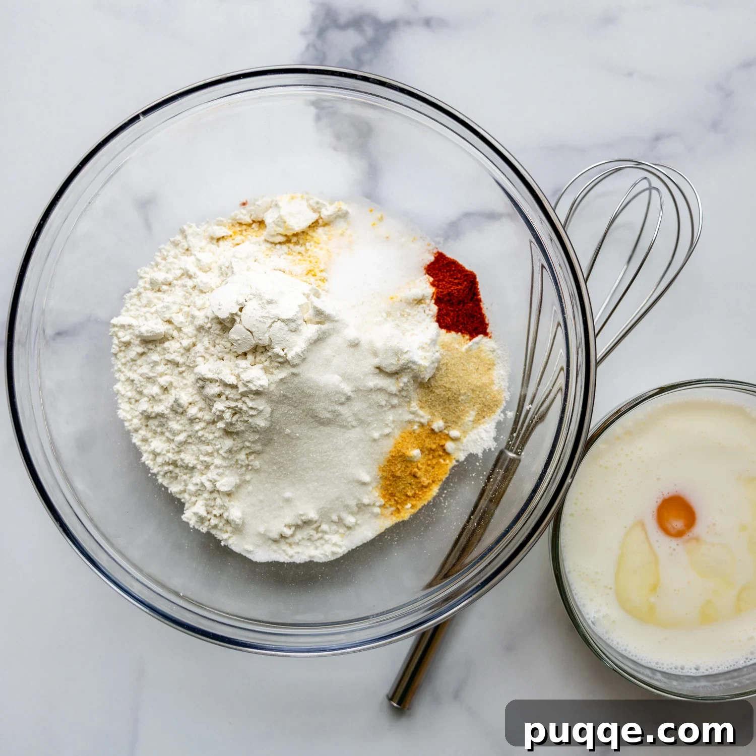 Glass bowl full of ingredients with a whisk.