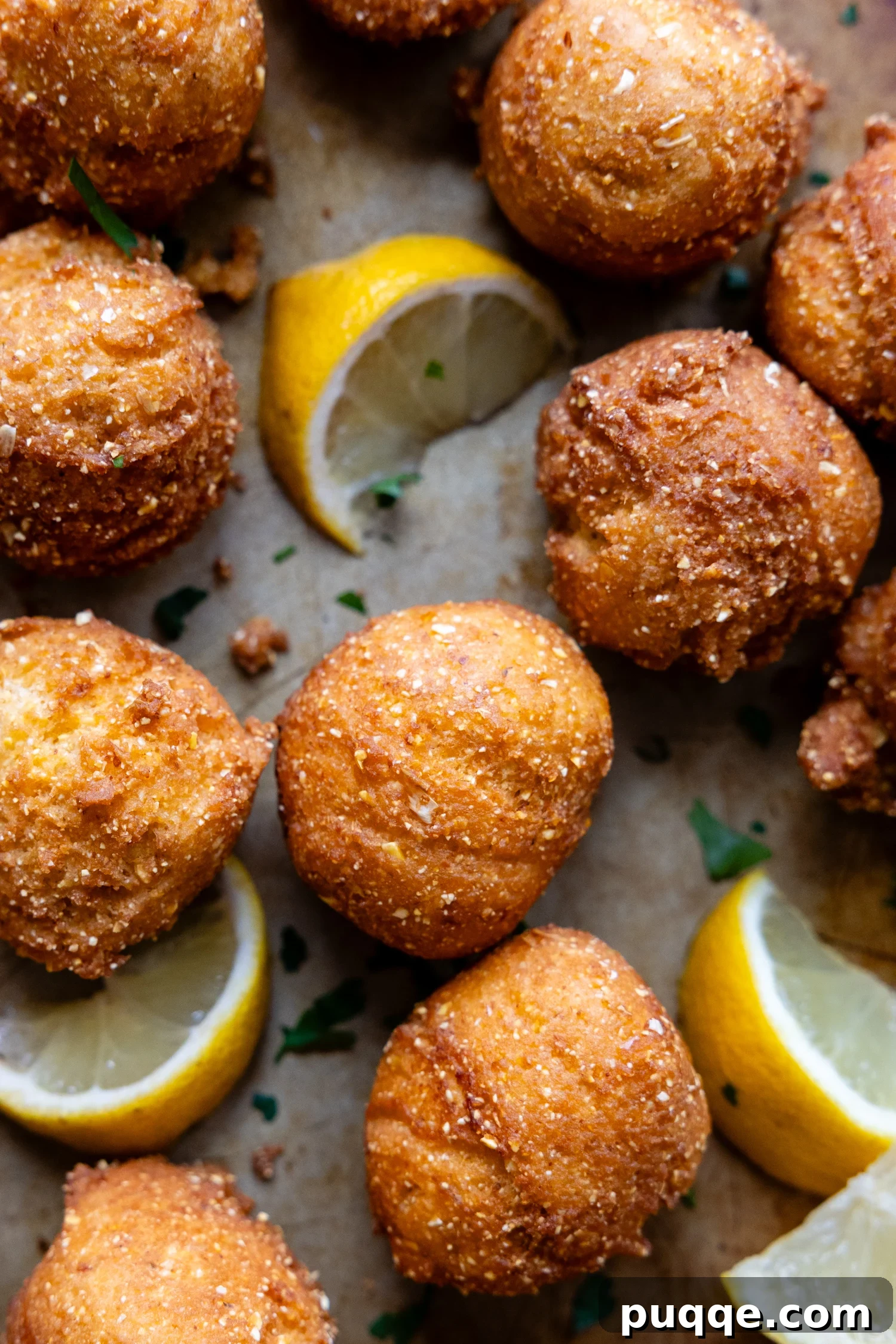 Hush puppies and lemon wedges on a pan.