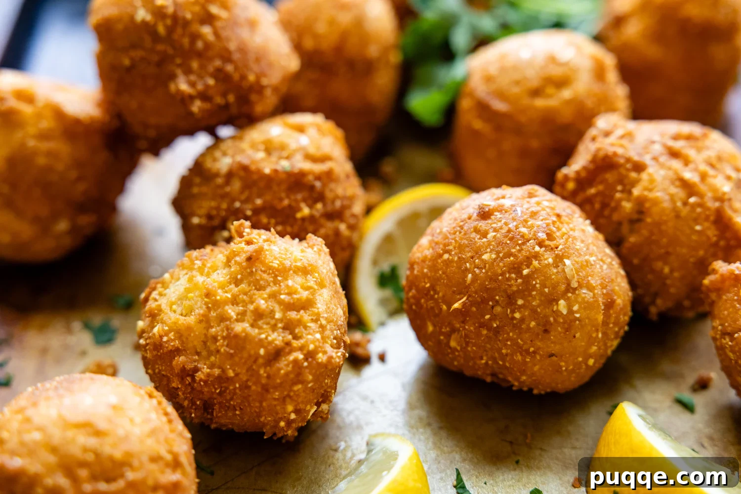 Hush puppies and lemon wedges on a serving dish.