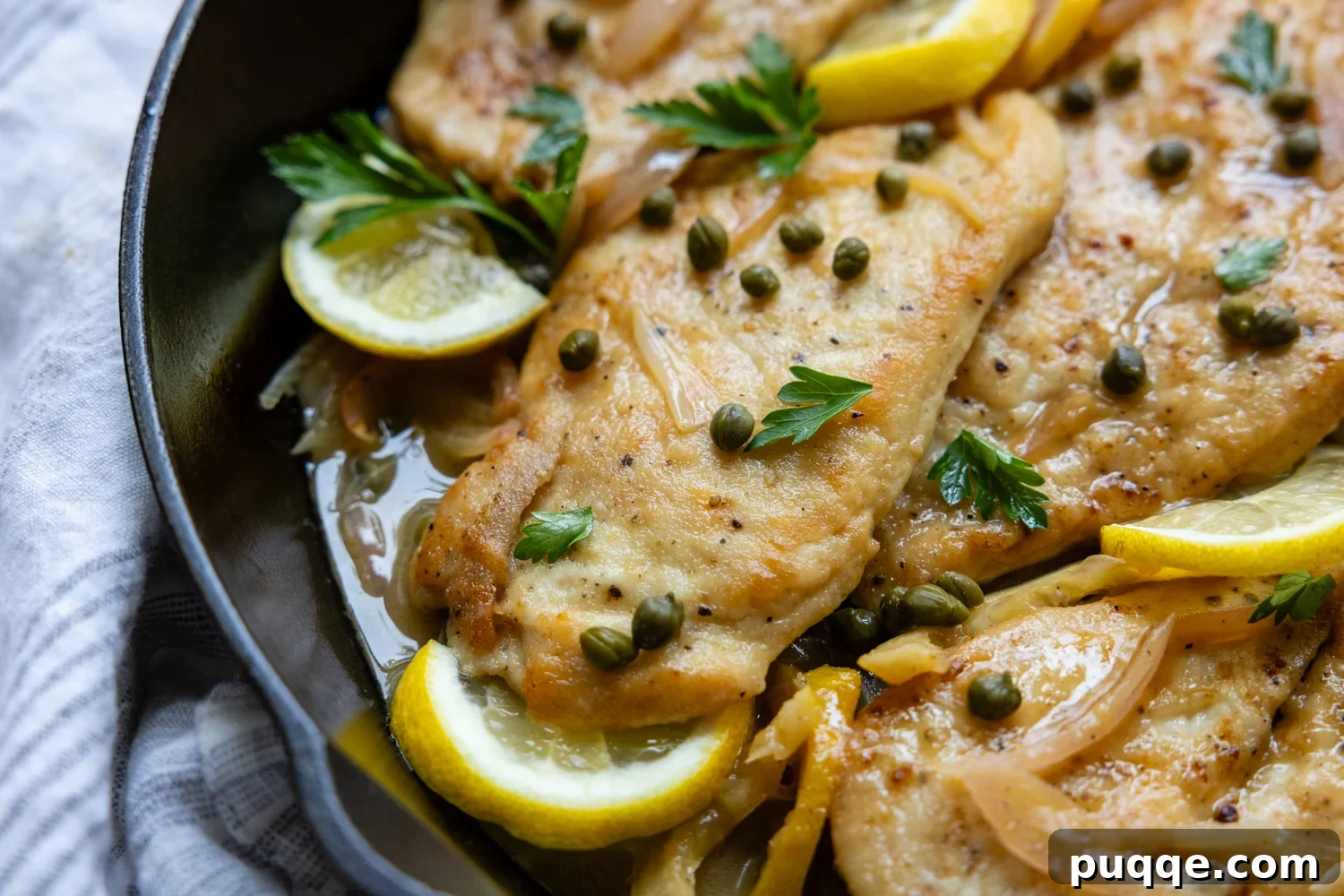 Chicken cutlet in a skillet with lemon garnish and topped with capers.