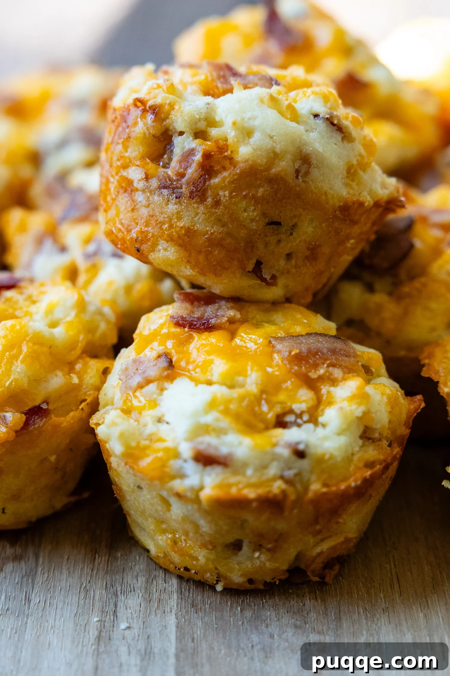 Savory Cheddar Bacon Muffins — Gluten-Free Recipe 2 two savory muffins stacked on top of each other.