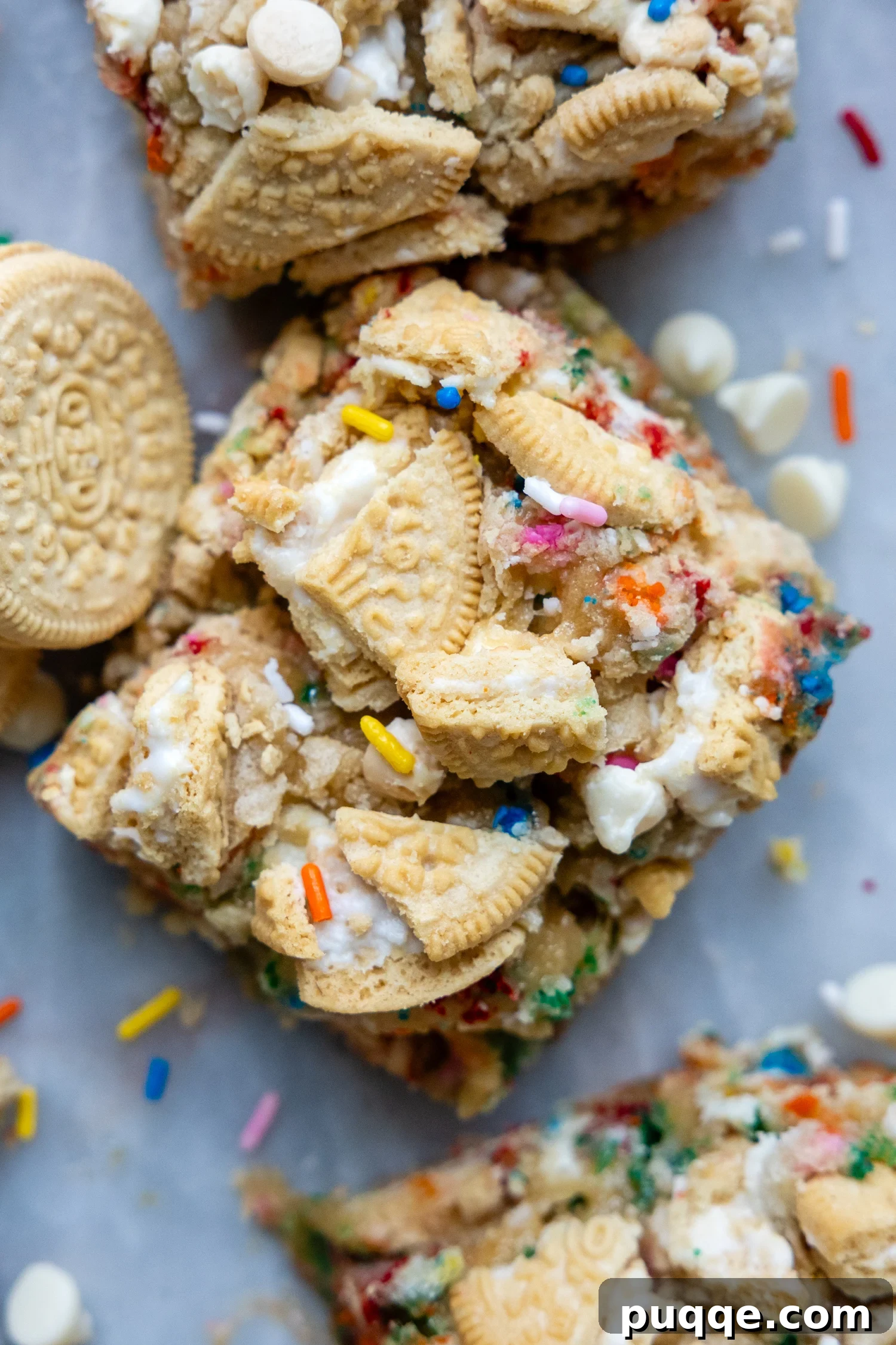 Gluten-Free Funfetti Bars Recipe with Golden Oreos 2 overhead shot of funfetti bars with crushed Oreos on top and a couple Golden Oreos laying next to it.